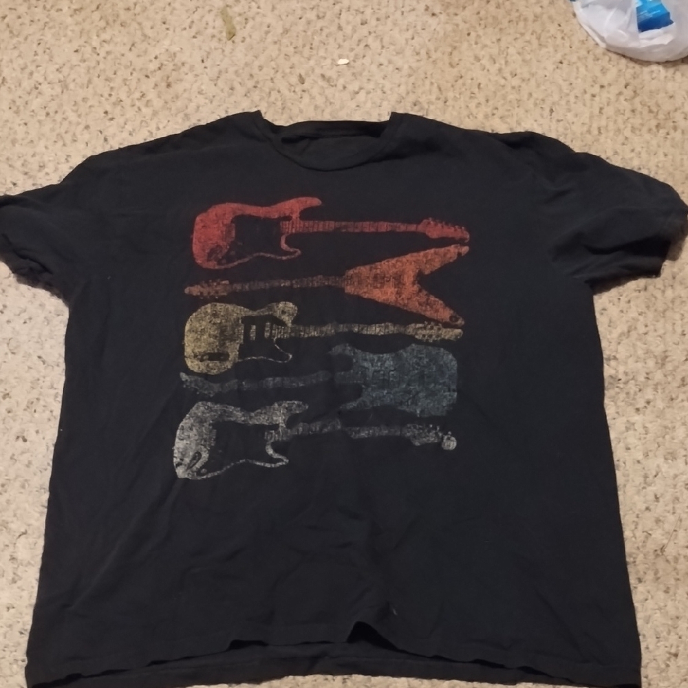 Black Graphic T-Shirt with Faded Guitar Design
